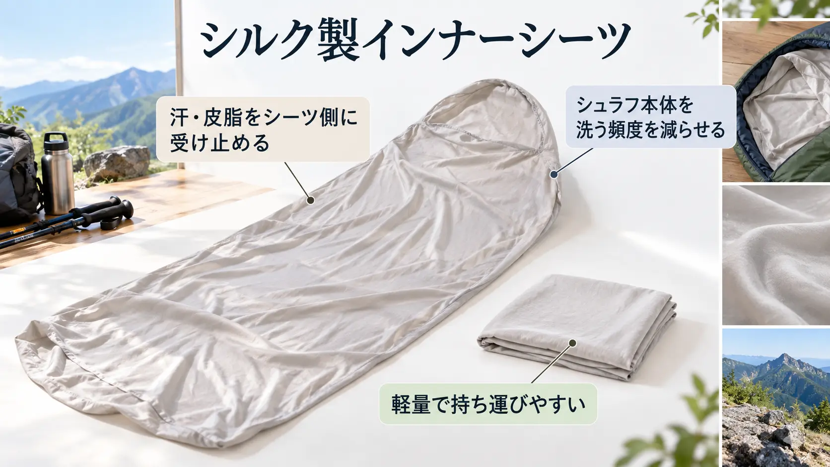 軽量なシルク製インナーシーツの実物と、汗や皮脂からシュラフ本体を守る特徴を示す注釈