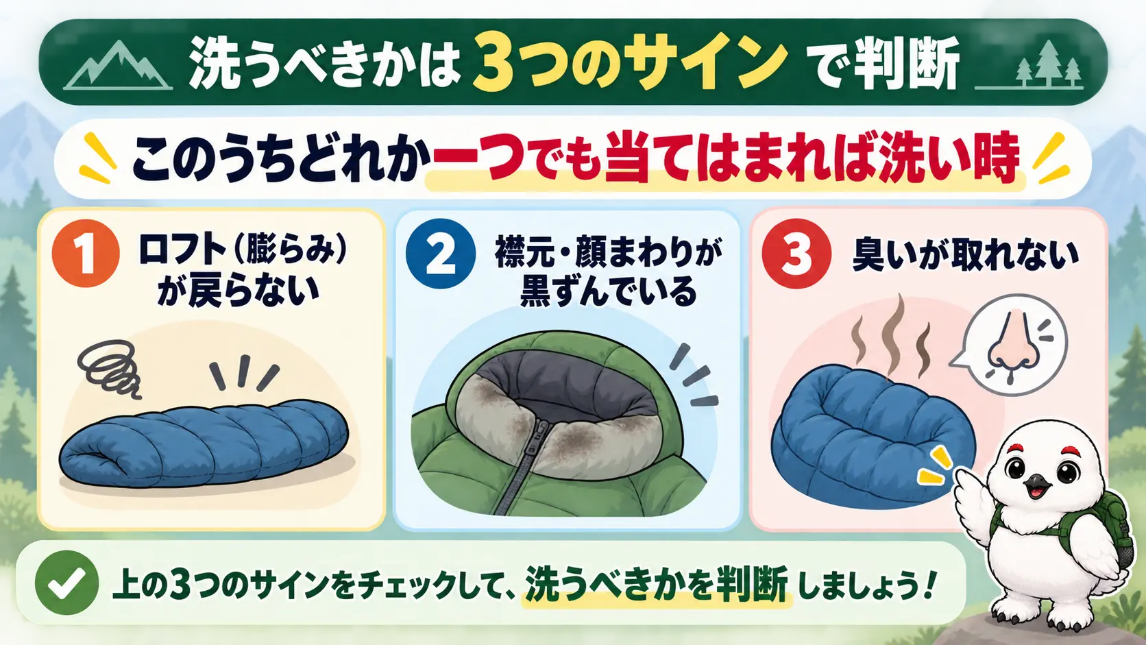 ロフトが戻らない・襟元の黒ずみ・臭いが取れないという3つの劣化サインを示した図解