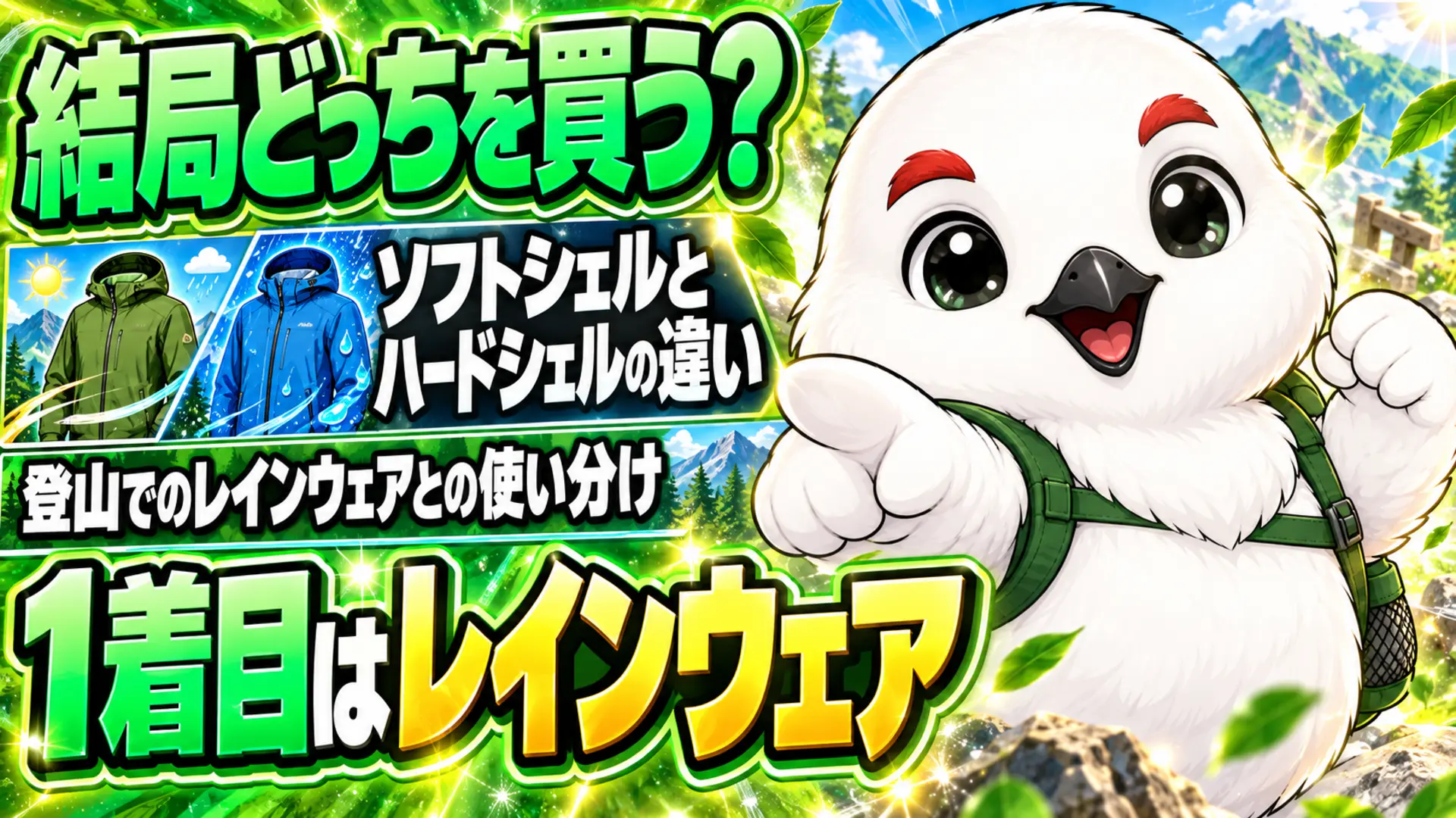 ソフトシェルとハードシェルの違いとレインウェアとの使い分けを示すイラスト