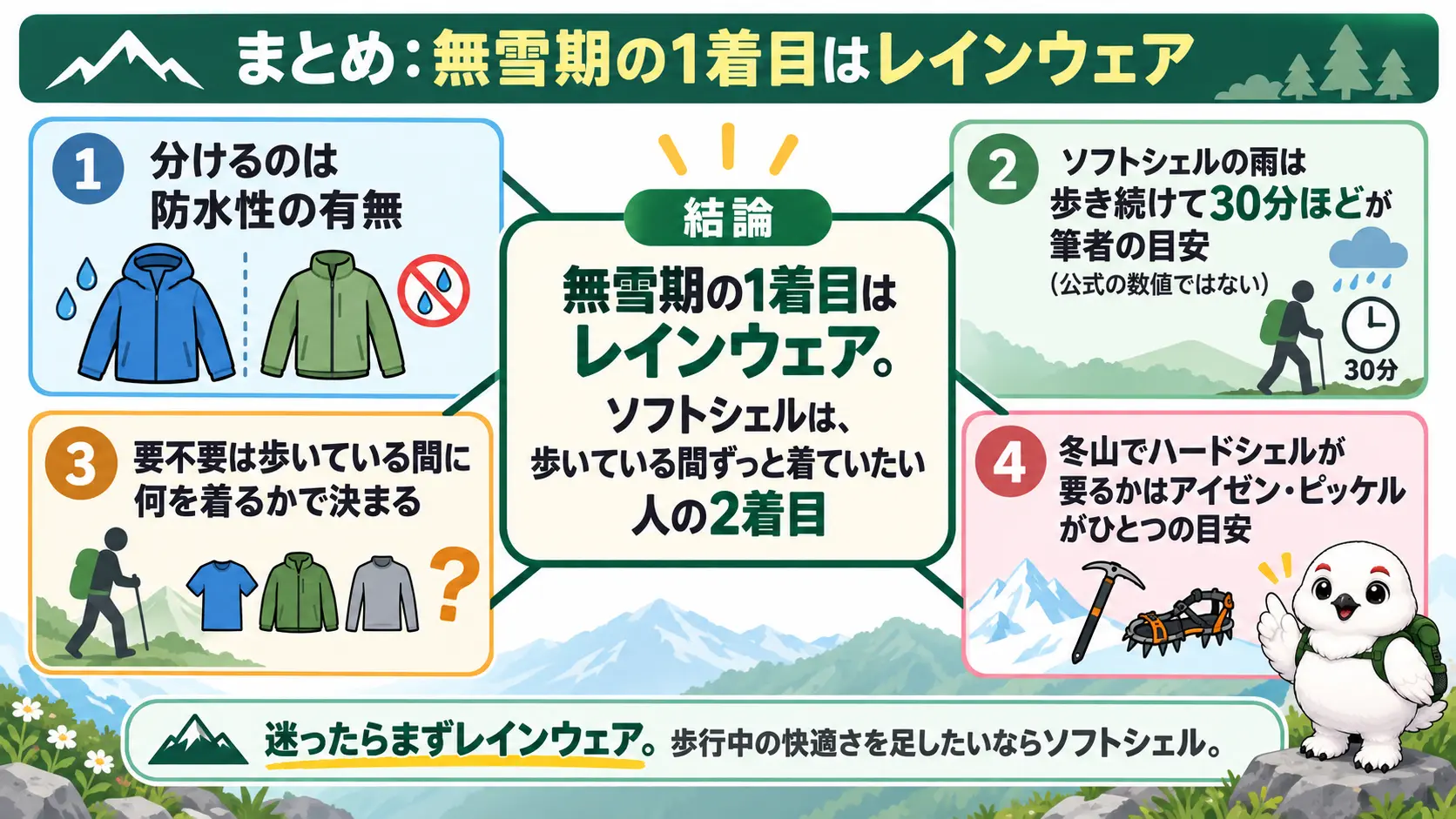 ソフトシェルとハードシェルを分けるのは防水性の有無であること、ソフトシェルで雨をしのげる目安は歩き続けて30分程度であること、要不要は歩いている間に何を着るかで決まること、冬山でハードシェルが必要かはアイゼンとピッケルがひとつの目安であることの4点を放射状にまとめ、無雪期の1着目はレインウェアという結論を中心に置いた図