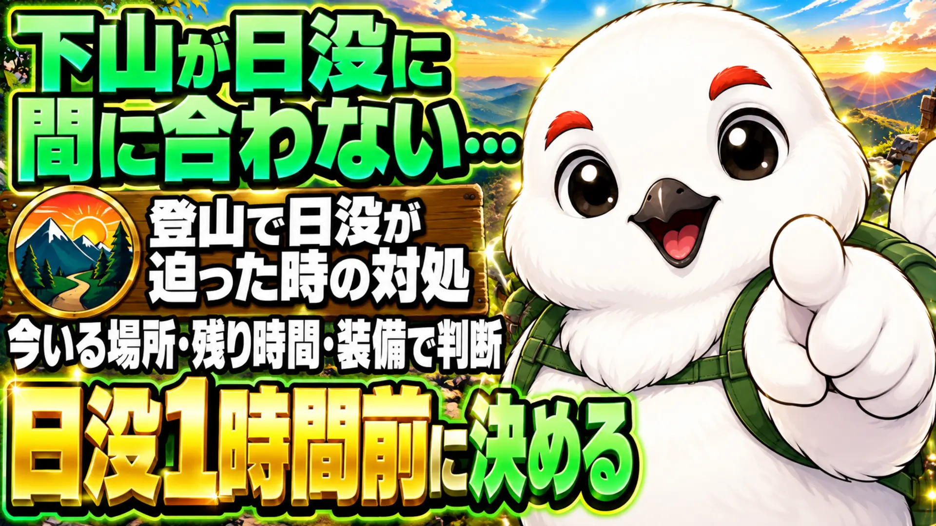 登山で下山が日没に間に合わない時に、下るか留まるかを日没1時間前に判断するイメージ
