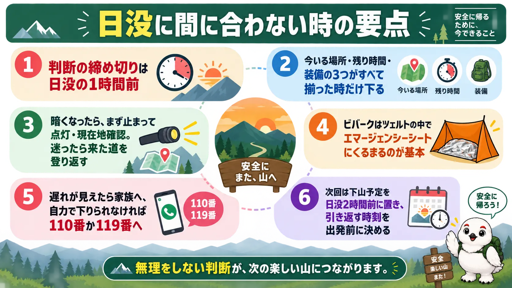 登山で日没に間に合わない時の判断基準と対処の要点を6項目で俯瞰した図
