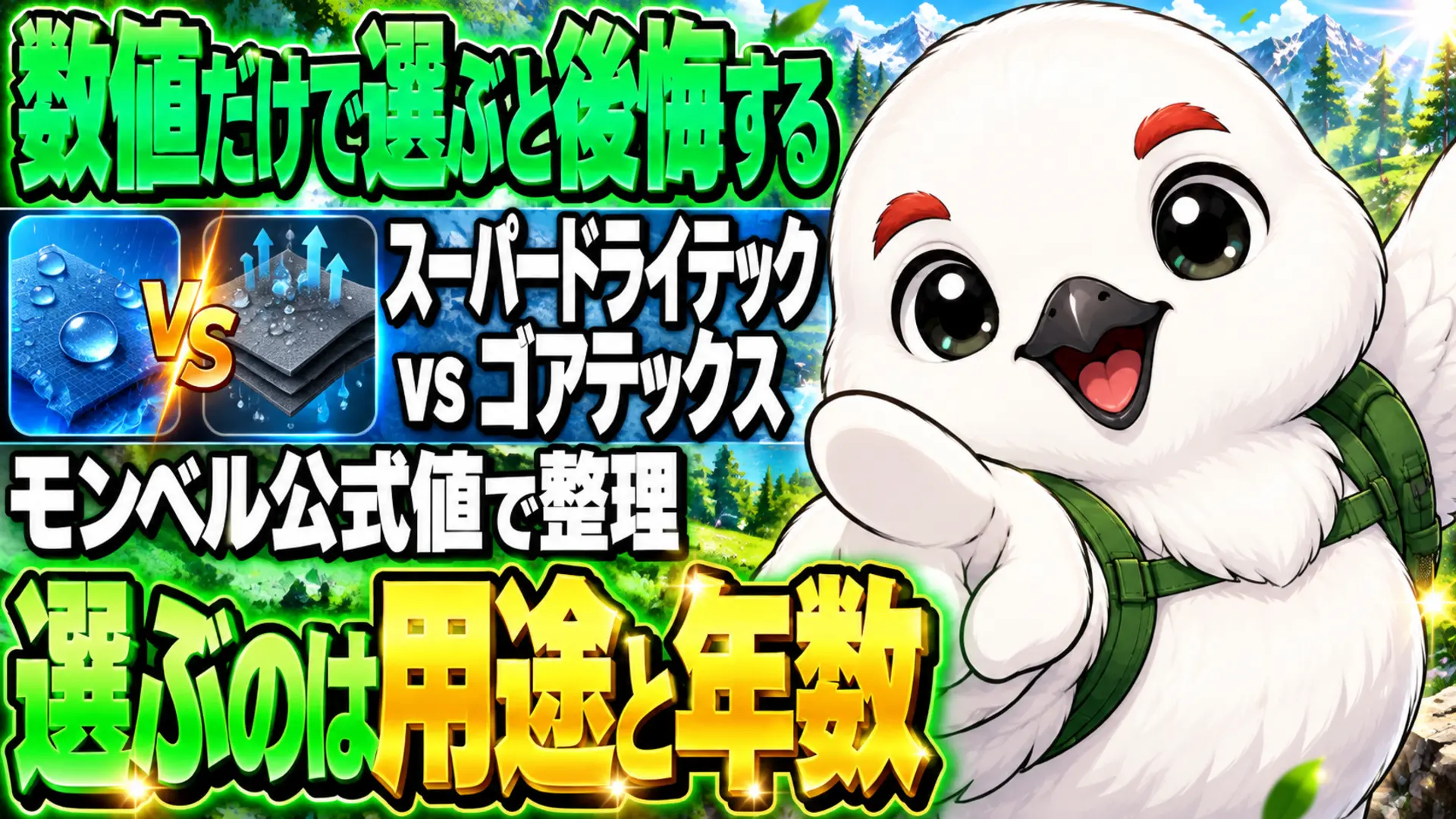 レインウェアの防水透湿素材スーパードライテックとゴアテックスを見比べているイラスト