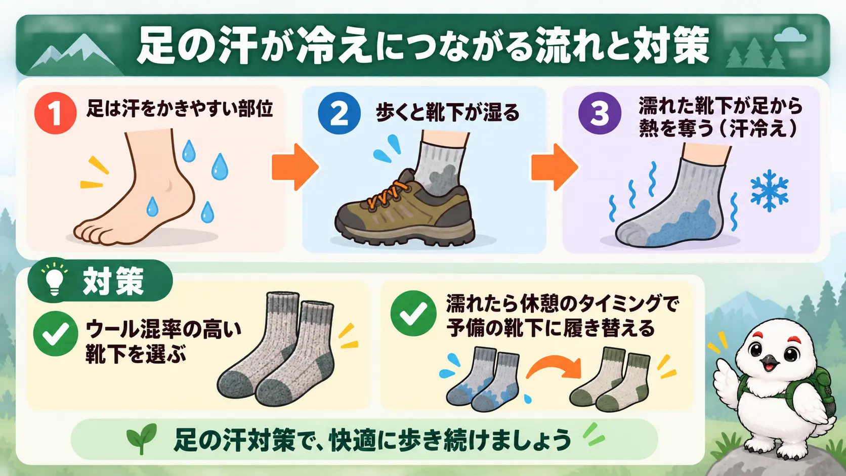足の汗が靴下の湿りを通じて冷えにつながる流れと、ウール混率の高い靴下や予備への履き替えという対策を示した図