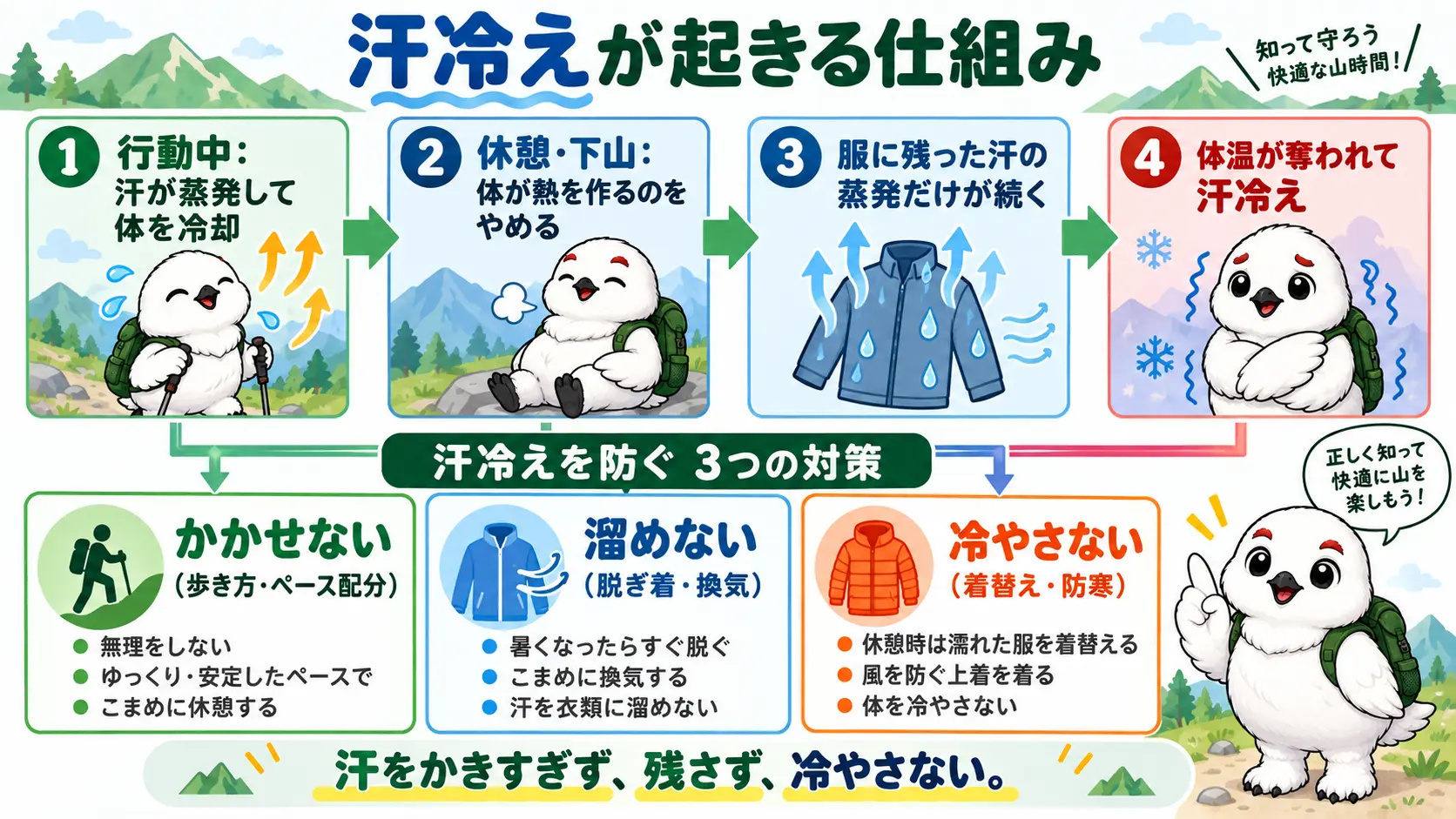 汗を服に溜めたまま体が熱を作るのをやめると汗冷えが起きる仕組みと、かかせない・溜めない・冷やさないの3つの対策を示す図