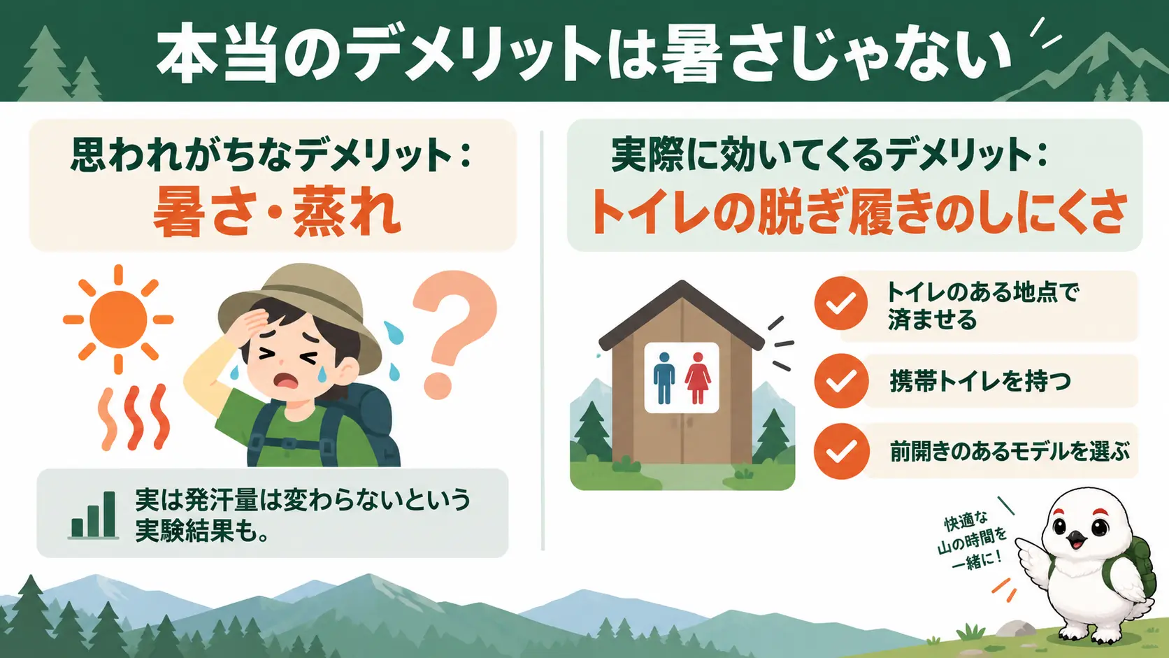 登山タイツのデメリットは暑さと思われがちだが、実際に困るのはトイレの脱ぎ履きであることを示した対比図