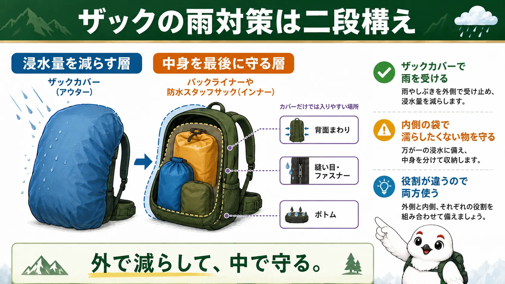 ザックカバーと中身の個別防水を重ねる二段構えの説明図。カバーは浸水量を減らす層、袋は中身を最後に守る層として描かれている