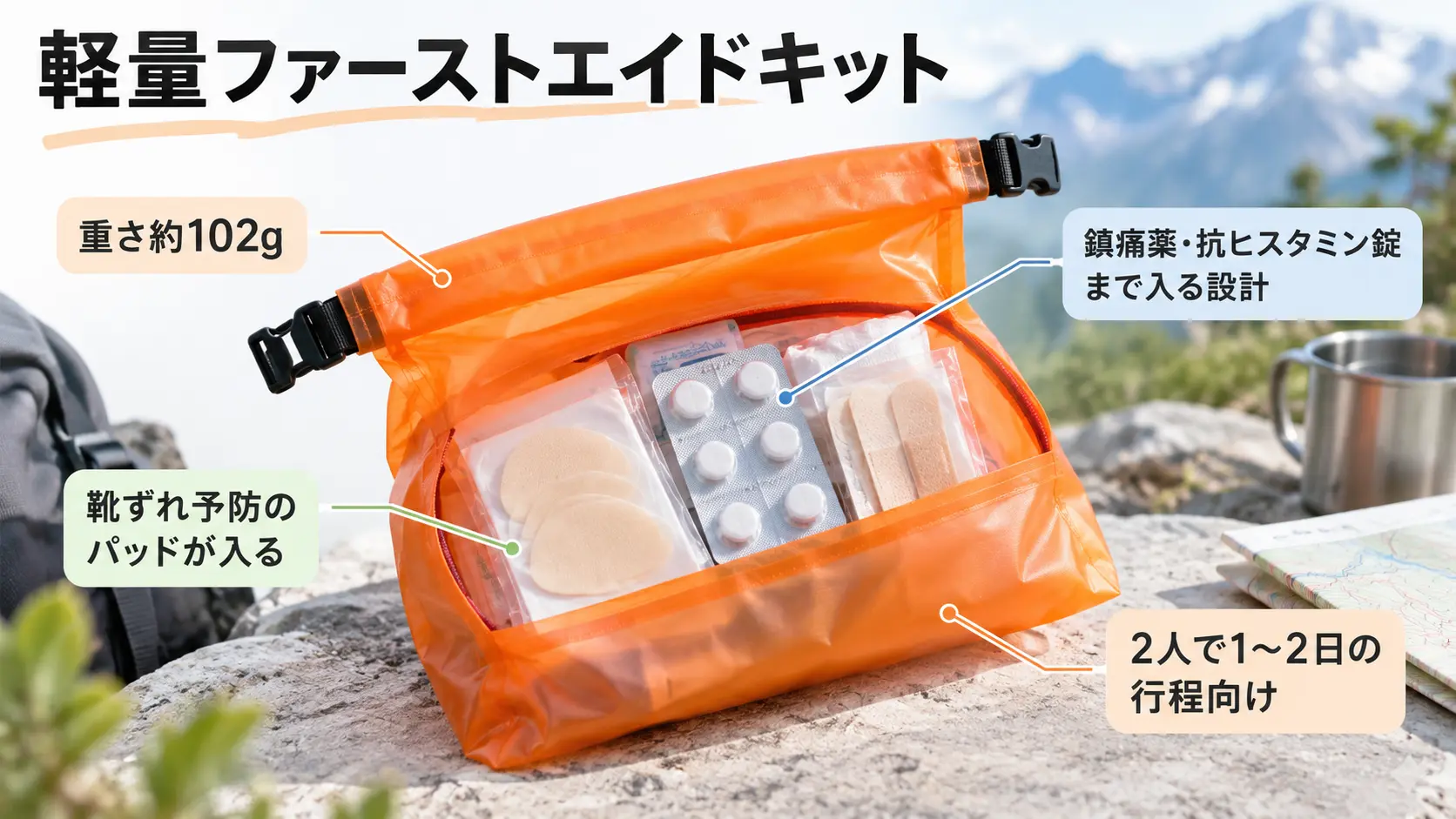 軽量な海外製ファーストエイドキットと中に入る靴ずれ用パッドや薬に注釈を添えた図