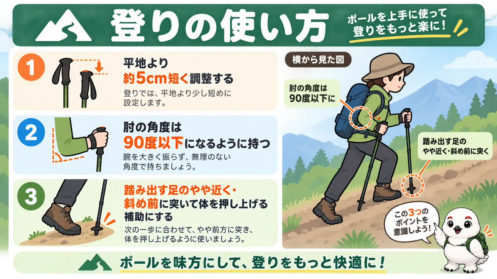 登りでポールを平地より約5cm短くし、肘を90度以下にして足の近くに突く使い方を示した図解
