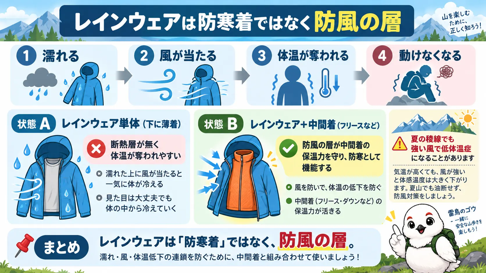 濡れる・風が当たる・体温が奪われる・動けなくなるという連鎖と、レインウェア単体では防寒にならず中間着と組み合わせて初めて防寒として働く仕組みを示す概念図
