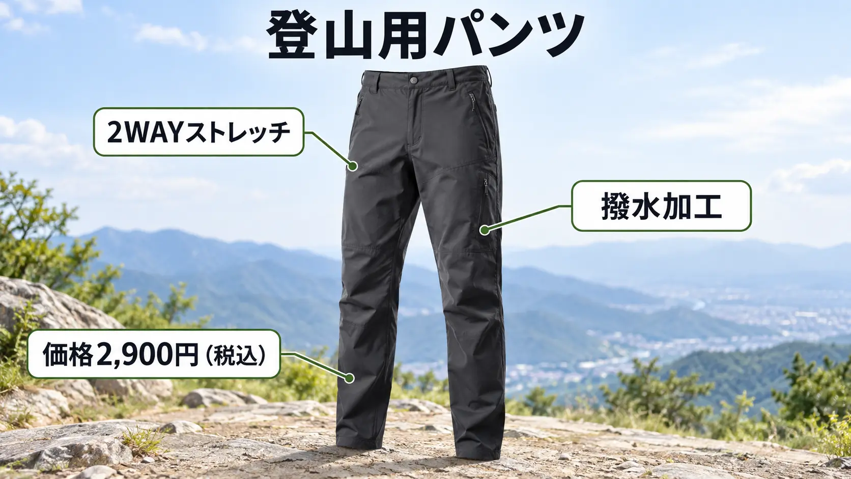 撥水ソフトシェル素材の登山用パンツと、2WAYストレッチ・撥水加工・価格2,900円という特徴を示した商品説明