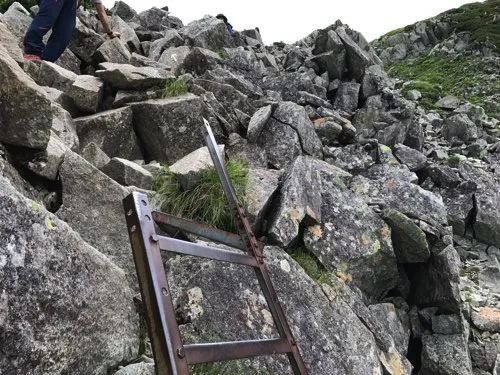 奥穂高岳ザイテングラートの岩場に架かる鉄はしごを、両手を使って登る登山者の足元の様子