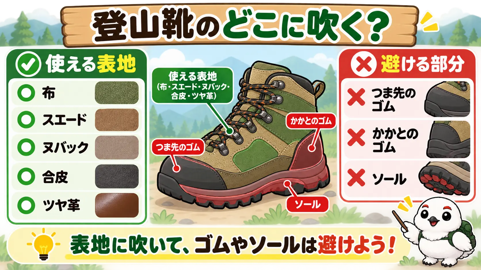 登山靴の表地の布・スエード・ヌバック・合皮・ツヤ革は使え、つま先とかかとのゴムやソールは避けると整理した早見図