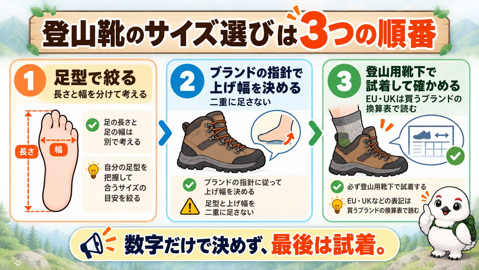 登山靴のサイズ選びを、足型で絞る、上げ幅を決める、試着で確かめるの順に整理した全体の流れ
