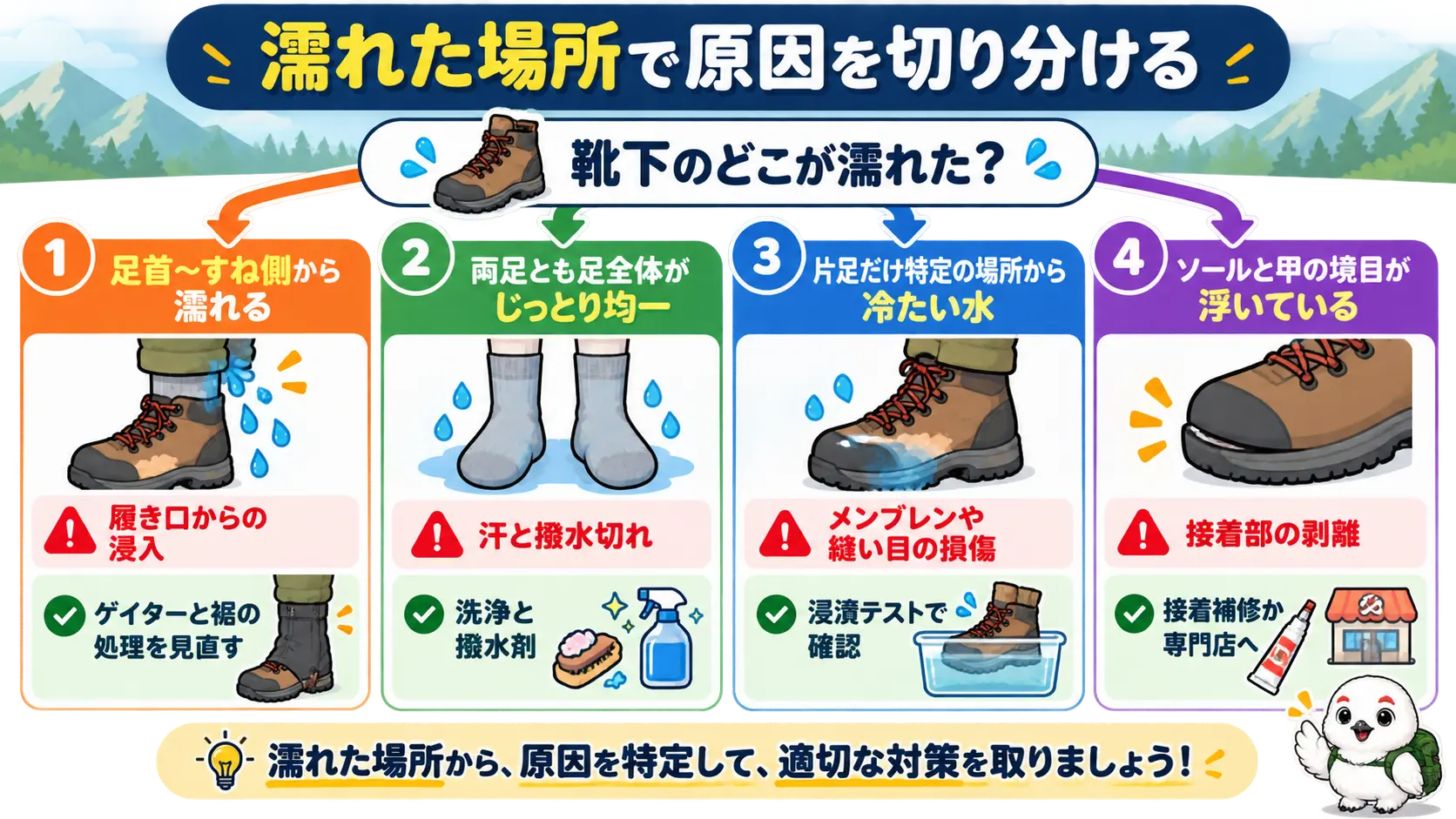 靴下の濡れる場所が足首側、足全体、片足の一点、ソールの境目のどれかによって、履き口・汗と撥水切れ・靴の損傷・接着部の剥離に分けて原因を判定する流れ図