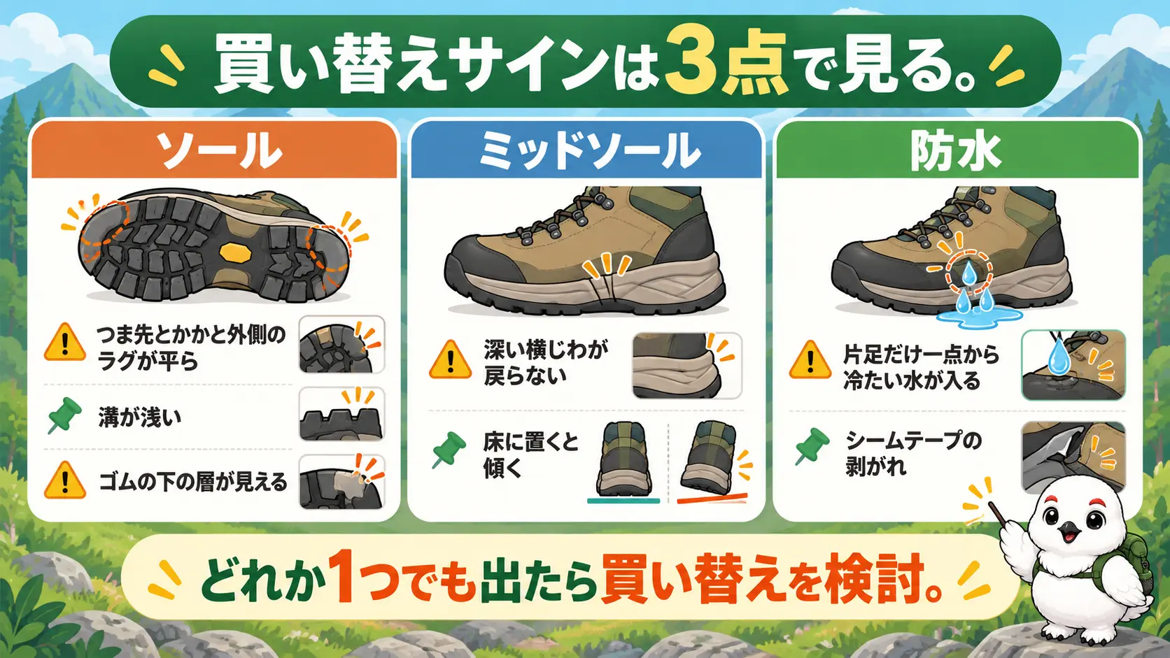 登山靴のソールのラグの減り、ミッドソールのへたり、防水の浸水という3つの買い替えサインを並べた図