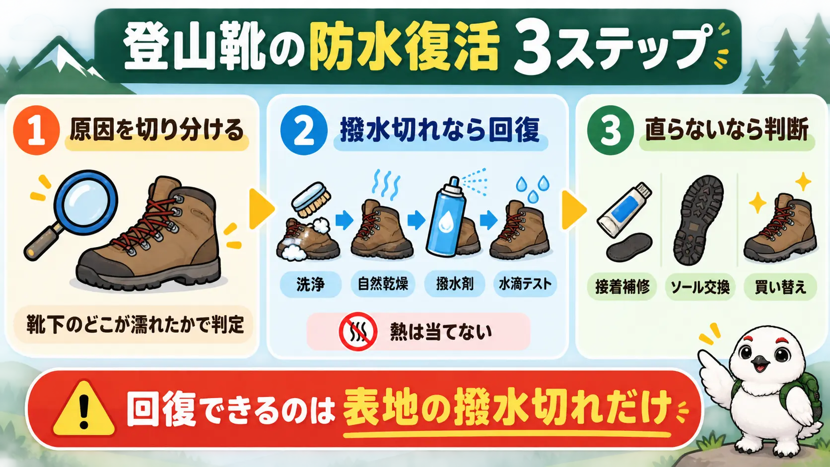濡れる場所で原因を切り分け、撥水切れなら熱を当てずに洗浄と撥水剤で回復し、直らない浸水は修理か買い替えで判断するという登山靴防水復活の流れの要約