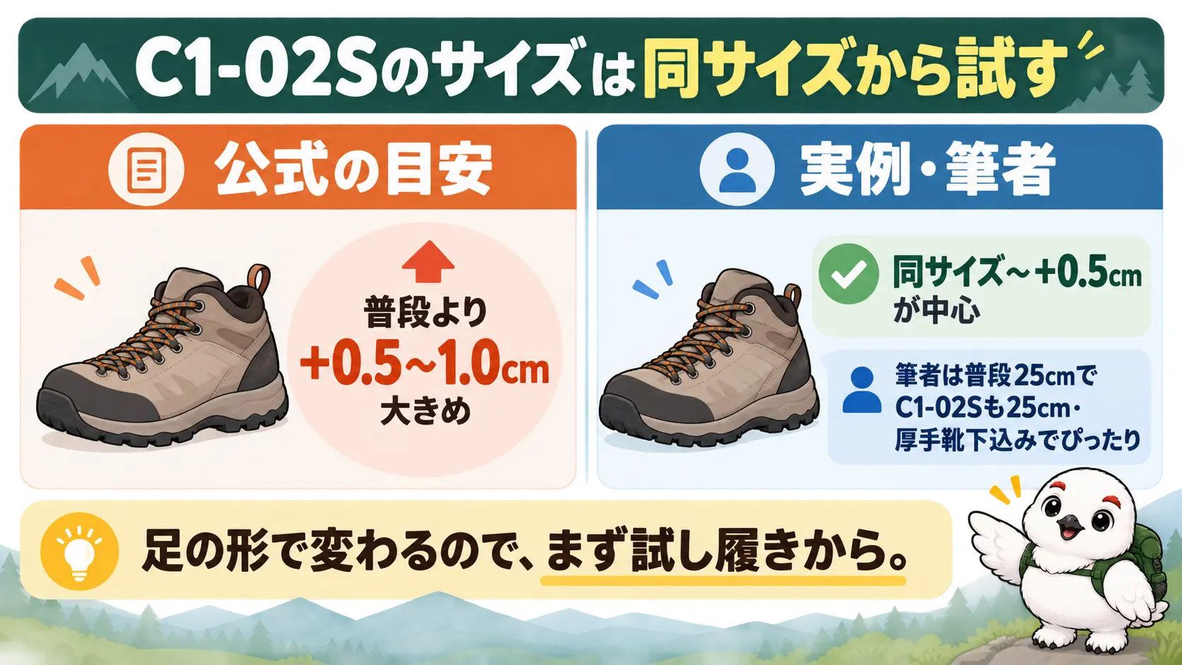 公式の目安は普段より0.5〜1.0cm大きめ、実例は同サイズから+0.5cmが中心という違いを左右に並べた比較図