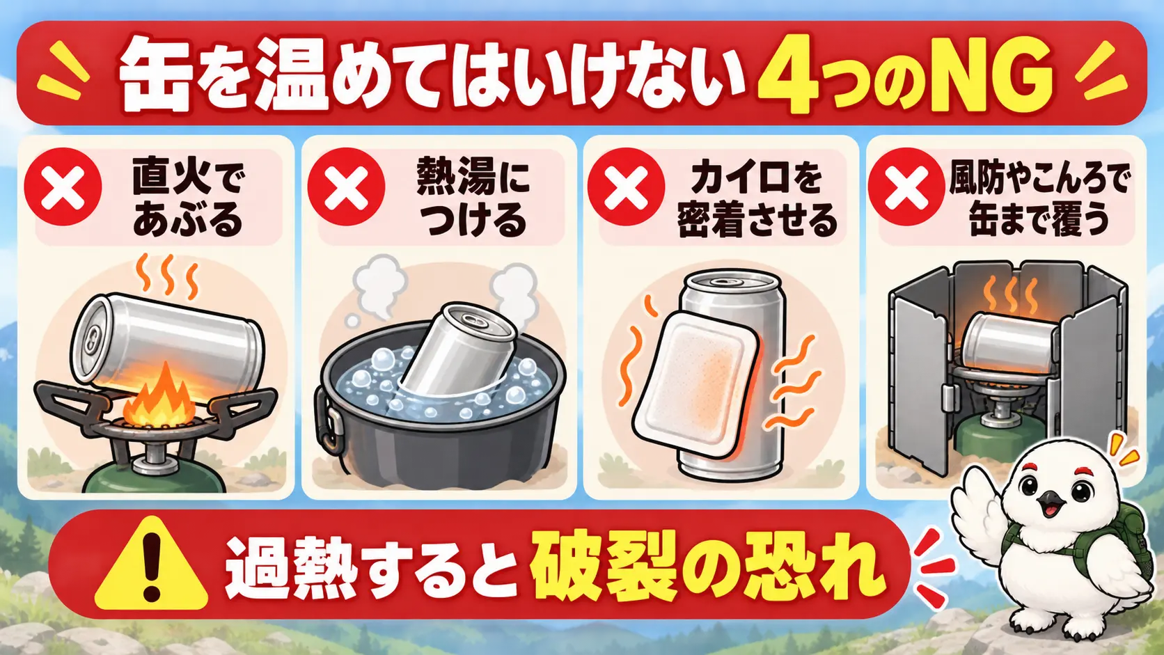 直火・熱湯・カイロ密着・缶を覆う風防が破裂の恐れにつながる禁止例の一覧