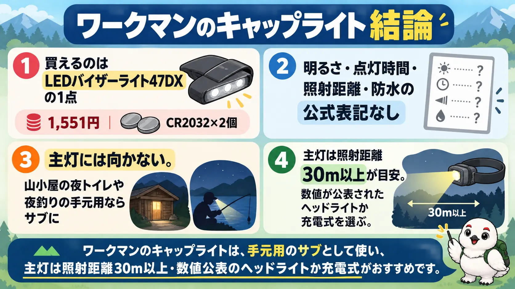 ワークマンのキャップライトは登山の主灯に向かず、サブ用途で使い、主灯は数値が公表されたヘッドライトを選ぶという要点の一覧