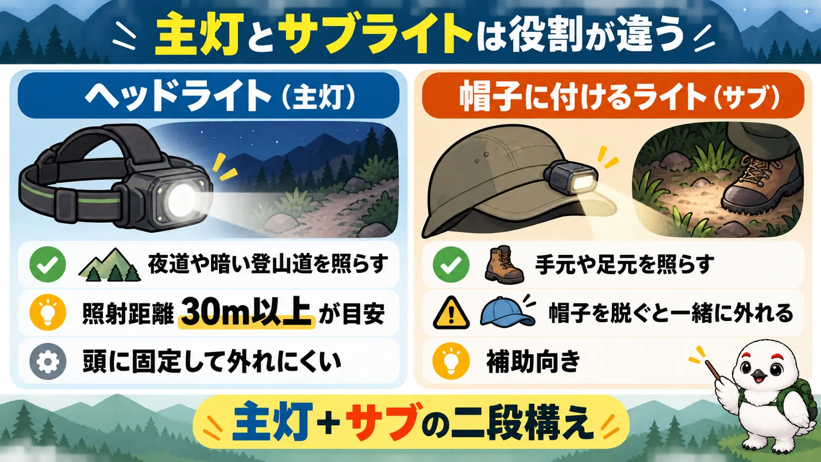 登山の主灯はヘッドライト、帽子に付けるライトは手元用のサブという役割の違いを左右で比べた図