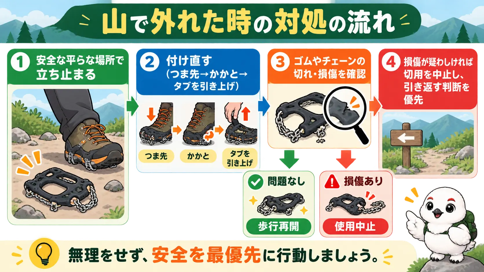 山でチェーンスパイクが外れた時に、安全な場所で止まり、付け直しやずれの確認をして、切れや損傷があれば使用を中止するまでの流れ