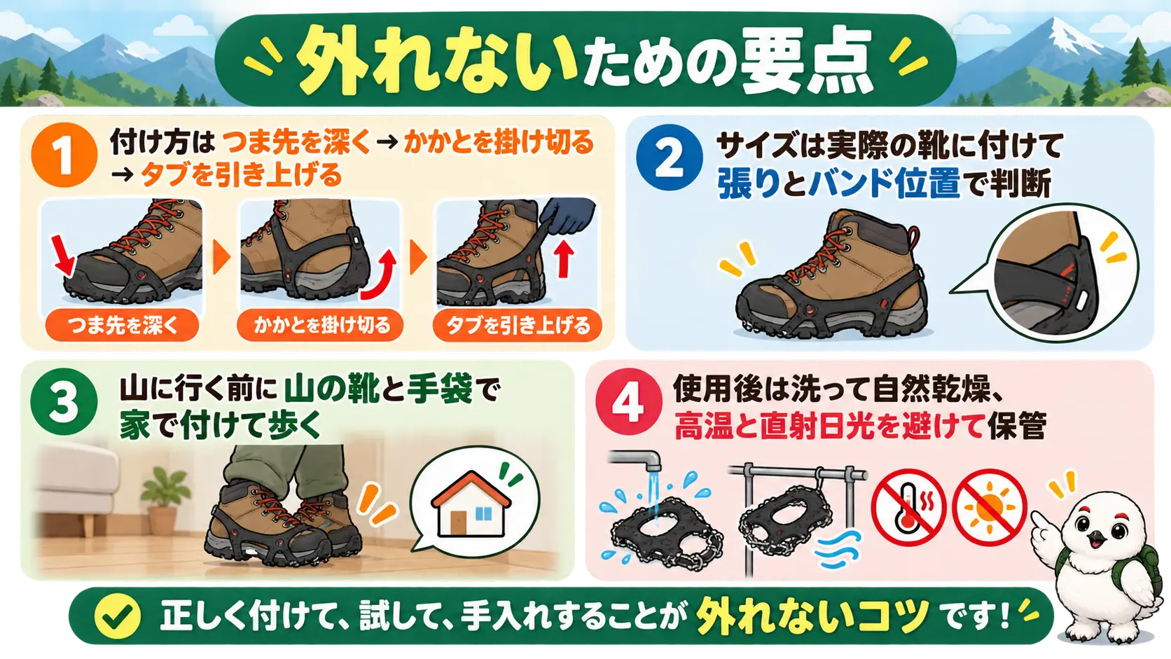 チェーンスパイクの付け方、サイズ確認、自宅での試着、使用後の手入れと保管までの要点をまとめた俯瞰図