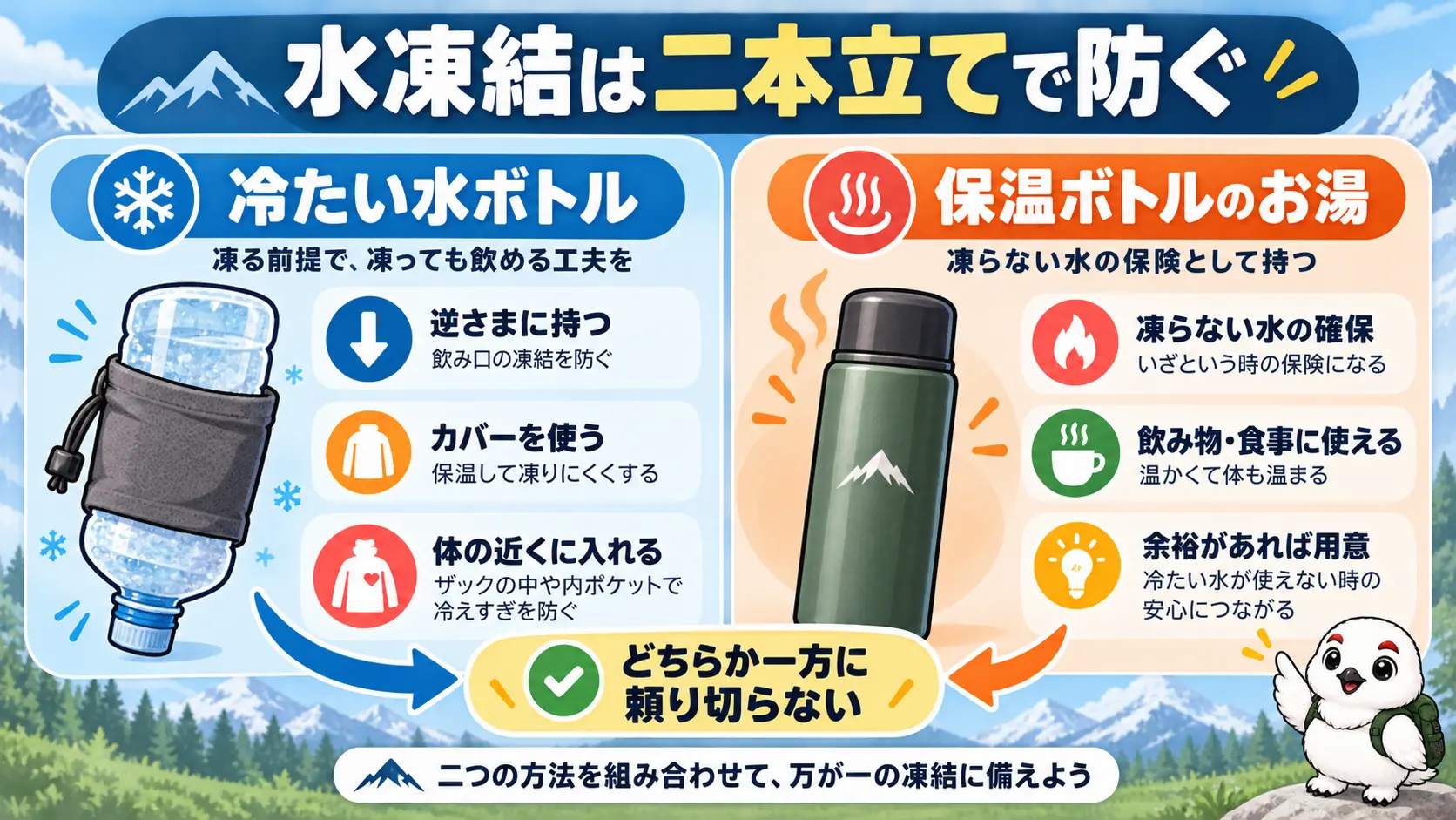 凍る前提の冷たい水と凍らない保温ボトルのお湯を役割分担して持つ考え方の対比図