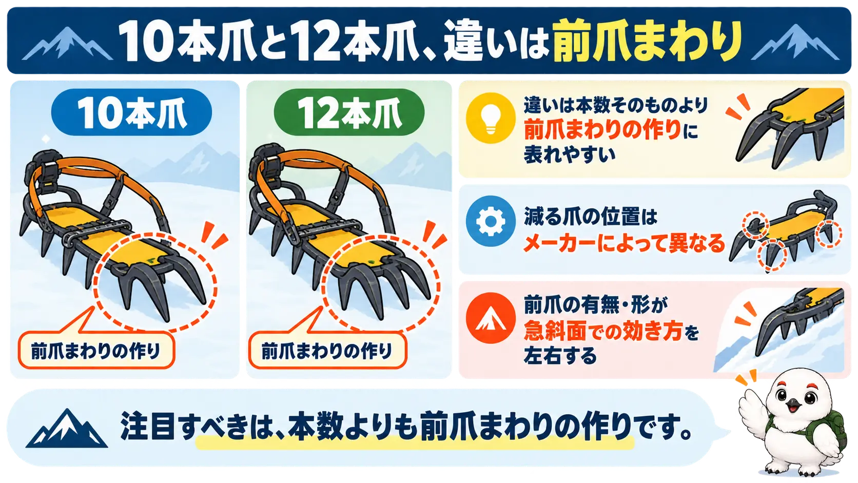 10本爪と12本爪のアイゼンを並べ、前爪まわりの作りに違いが出やすい点を比べた図