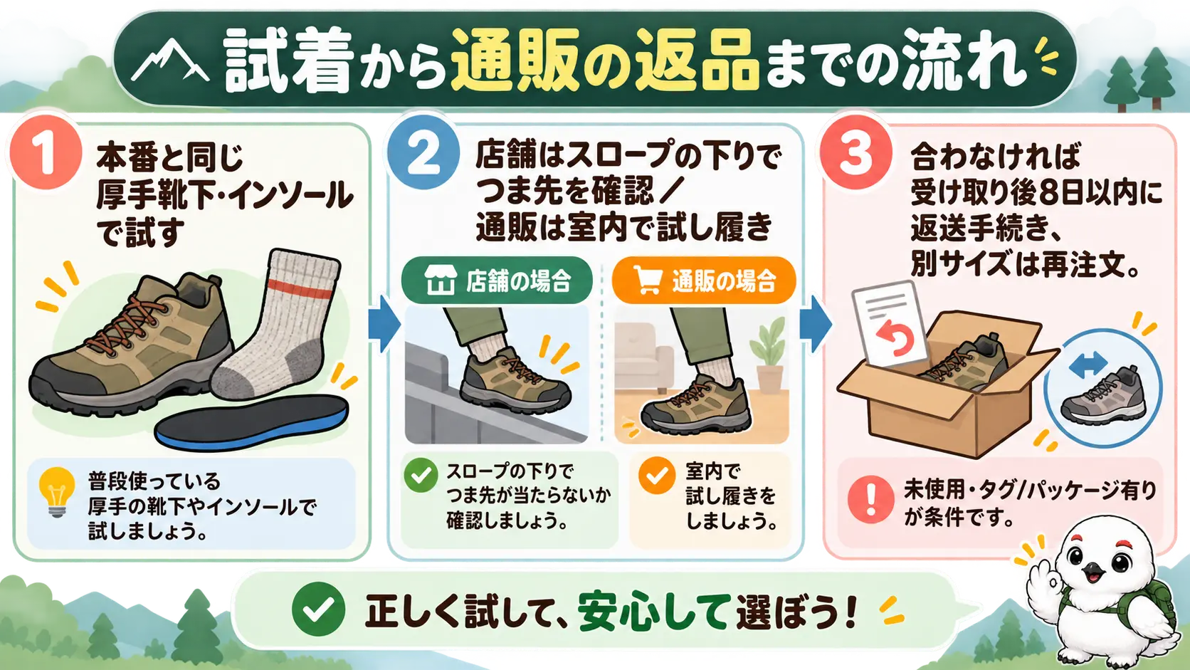 本番と同じ靴下で試着し、通販は室内で試し履きして受け取り後8日以内に返送手続きする流れ