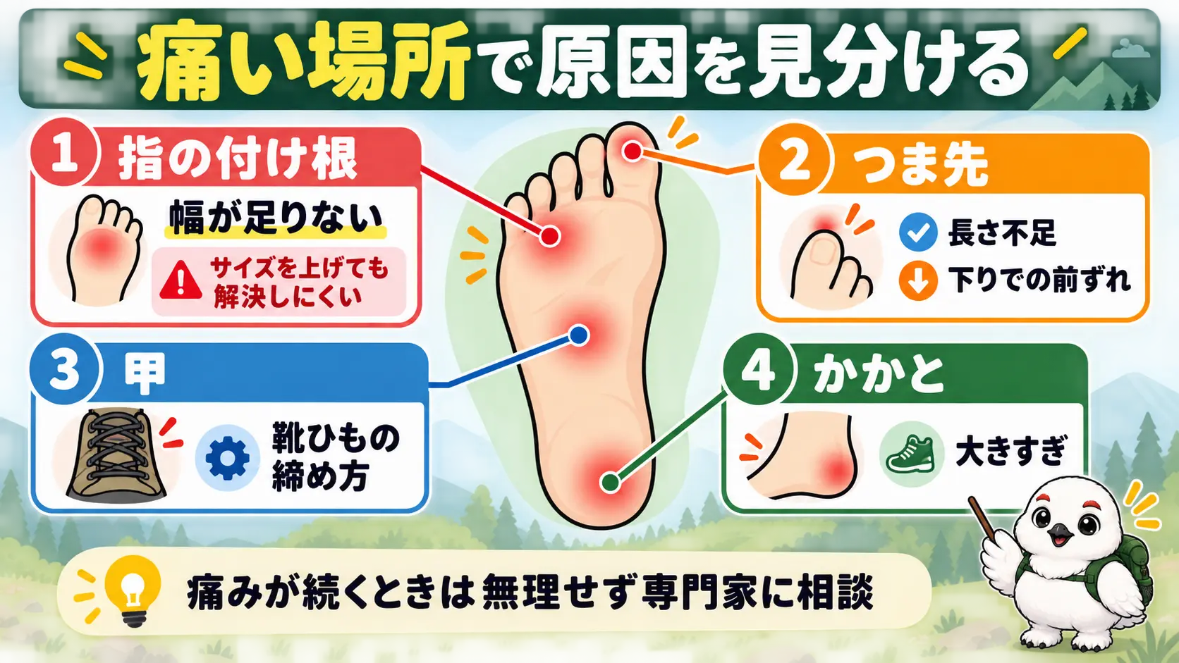 足の痛む場所ごとに、指の付け根は幅、つま先は長さや前ずれ、甲は締め方、かかとは大きすぎが原因と見分ける早見図