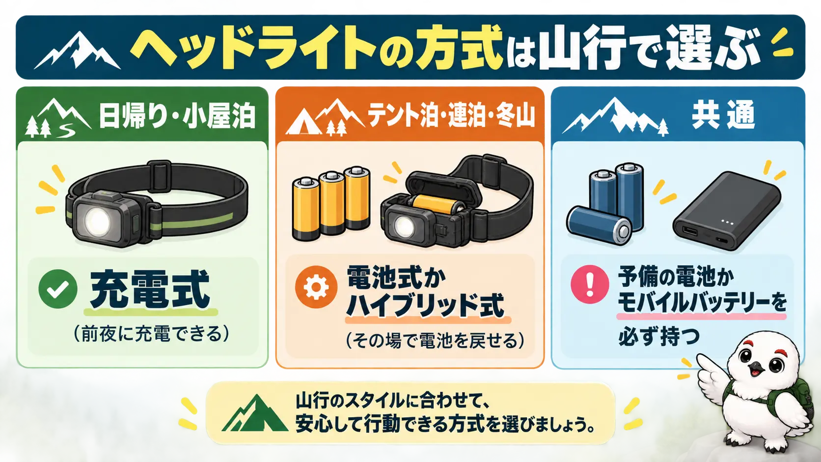 日帰りや小屋泊は充電式、テント泊や冬山は電池式かハイブリッド式という選び方の要点