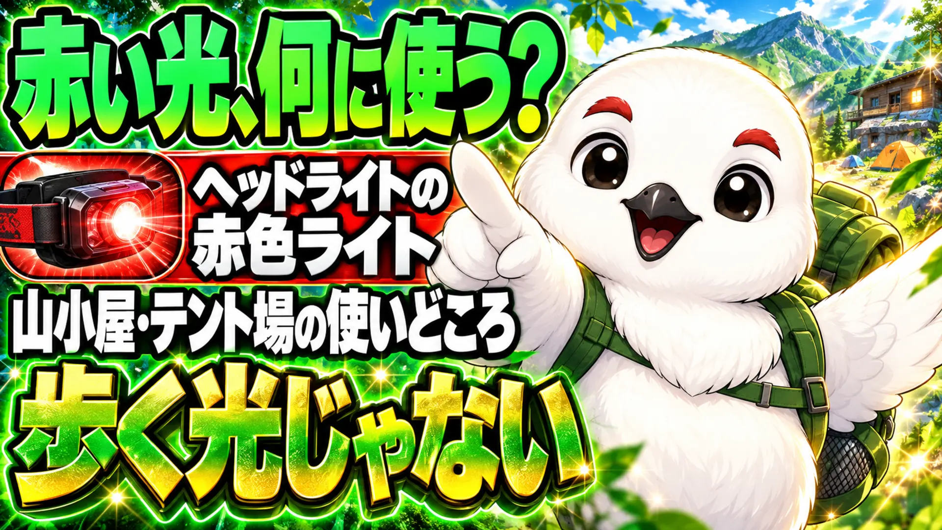 ヘッドライトの赤色ライトを山小屋やテント場でどう使うかを示す、赤い光とキャラクターのイラスト
