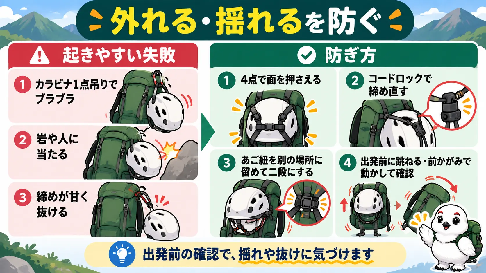 自作ホルダーで起こりやすい外れや揺れの原因と、その防ぎ方を左右に対比した図