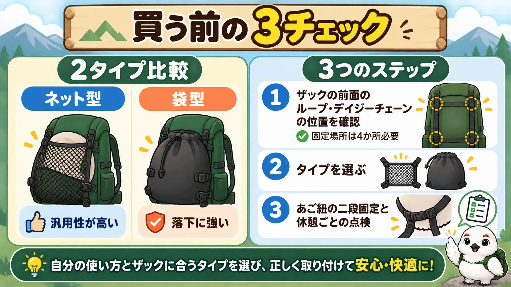 ネット型と袋型の違いと、買う前にザックの固定位置を確認する手順を並べた選び方の整理