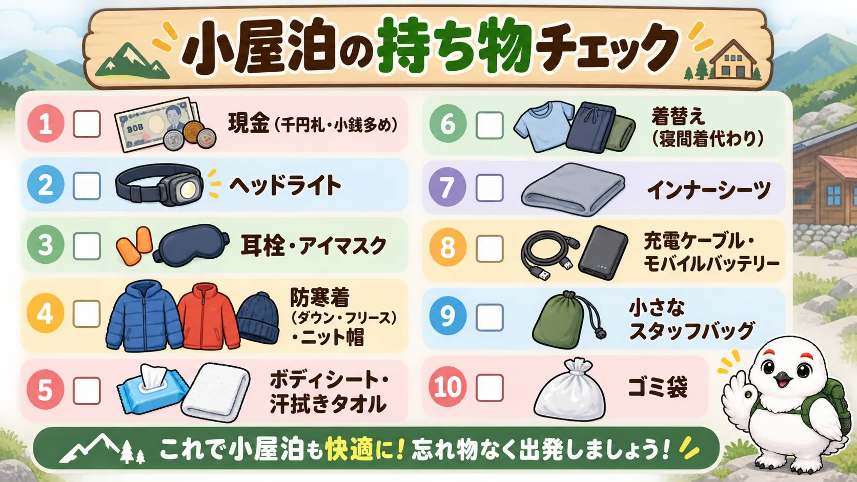 現金、ヘッドライト、耳栓、防寒着、ボディシート、充電器など山小屋泊で持っていく物のチェックリスト