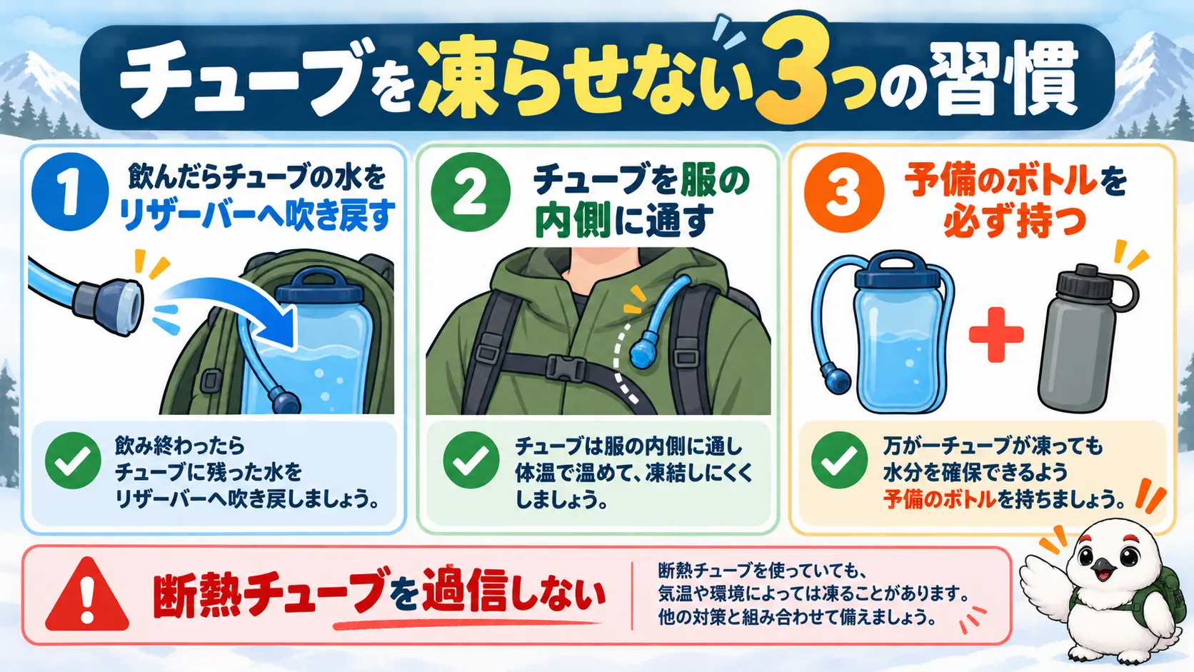 飲むたびにチューブの水をリザーバーへ吹き戻し、チューブを服の内側に通す凍結対策の流れ