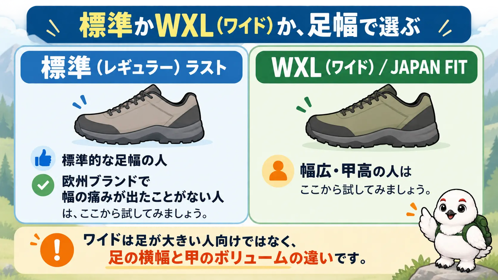 標準ラストは標準的な足向け、WXLは幅広・甲高の足向けと足幅で選び分ける比較図