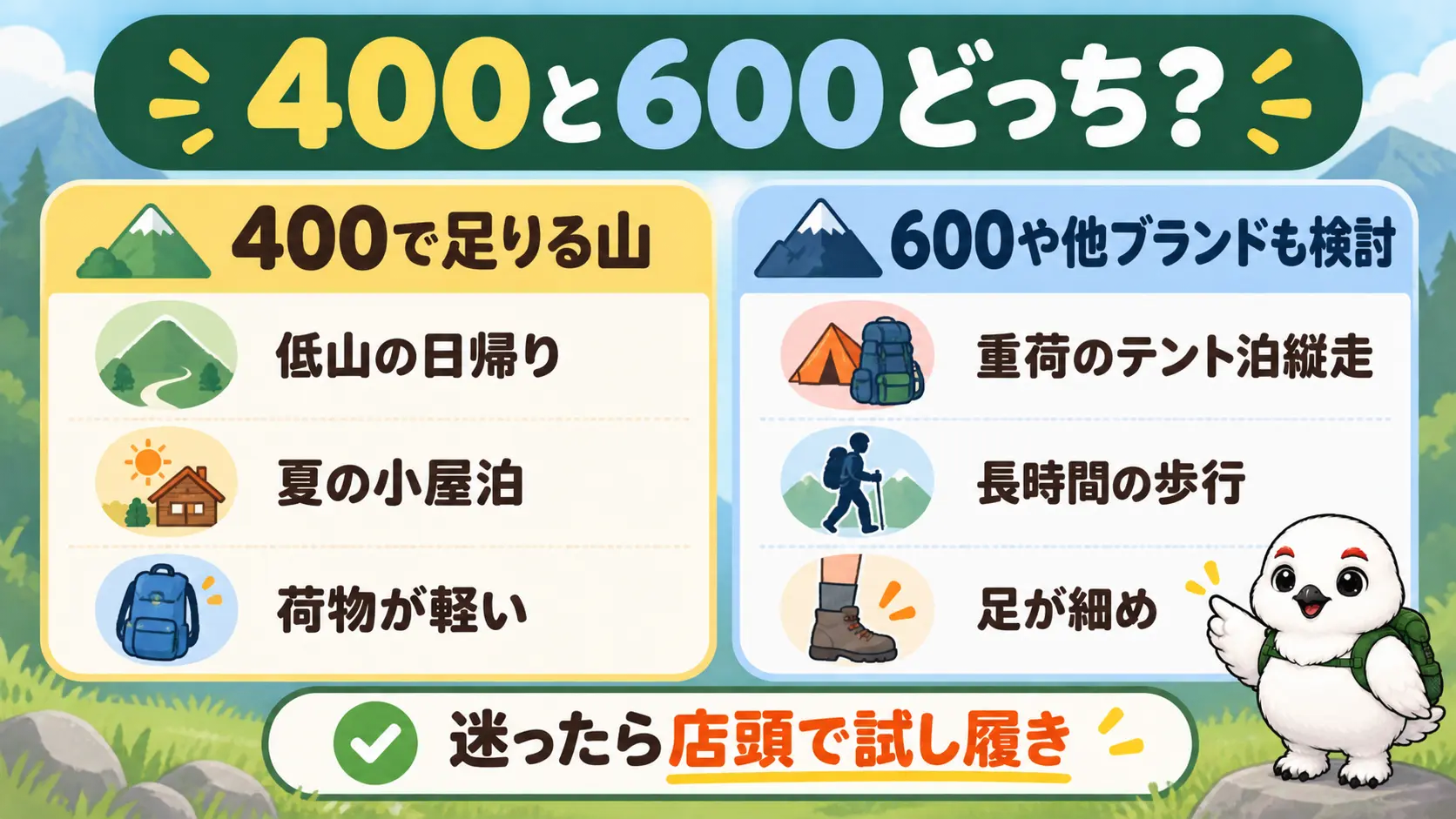 低山日帰りや夏の小屋泊なら400、重荷の縦走や長時間歩行なら600や他ブランドを検討、という山行タイプ別の判断の目安