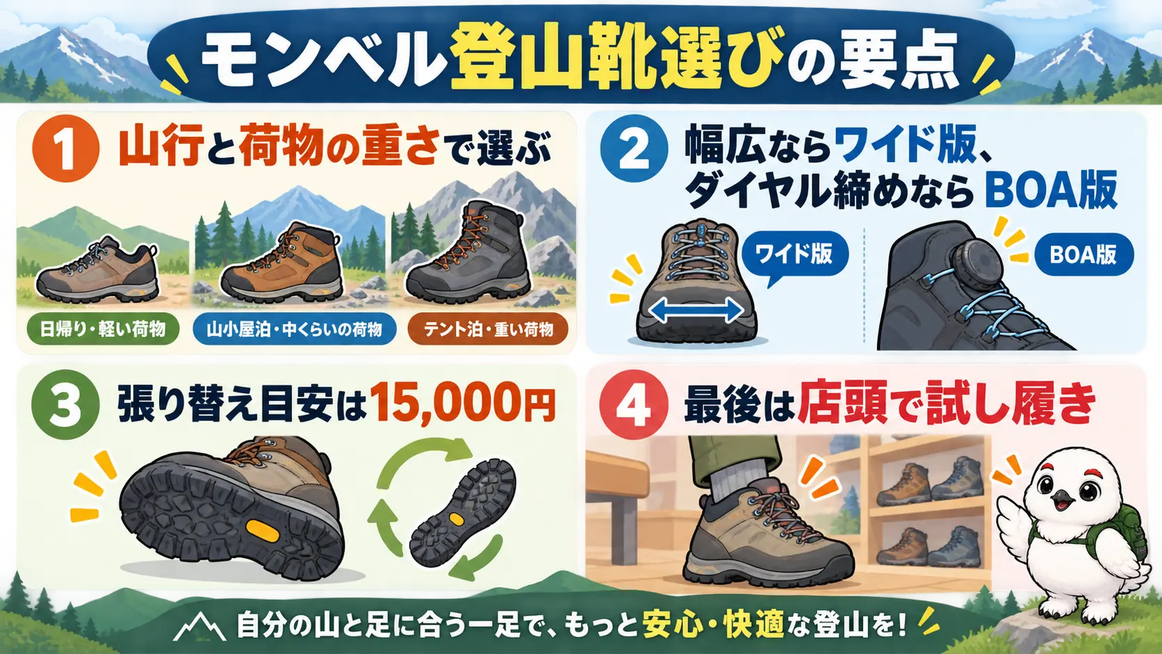 山行と荷物の重さで選ぶ、幅や締め方の選択、張り替え、試し履きといった記事の要点を並べた図