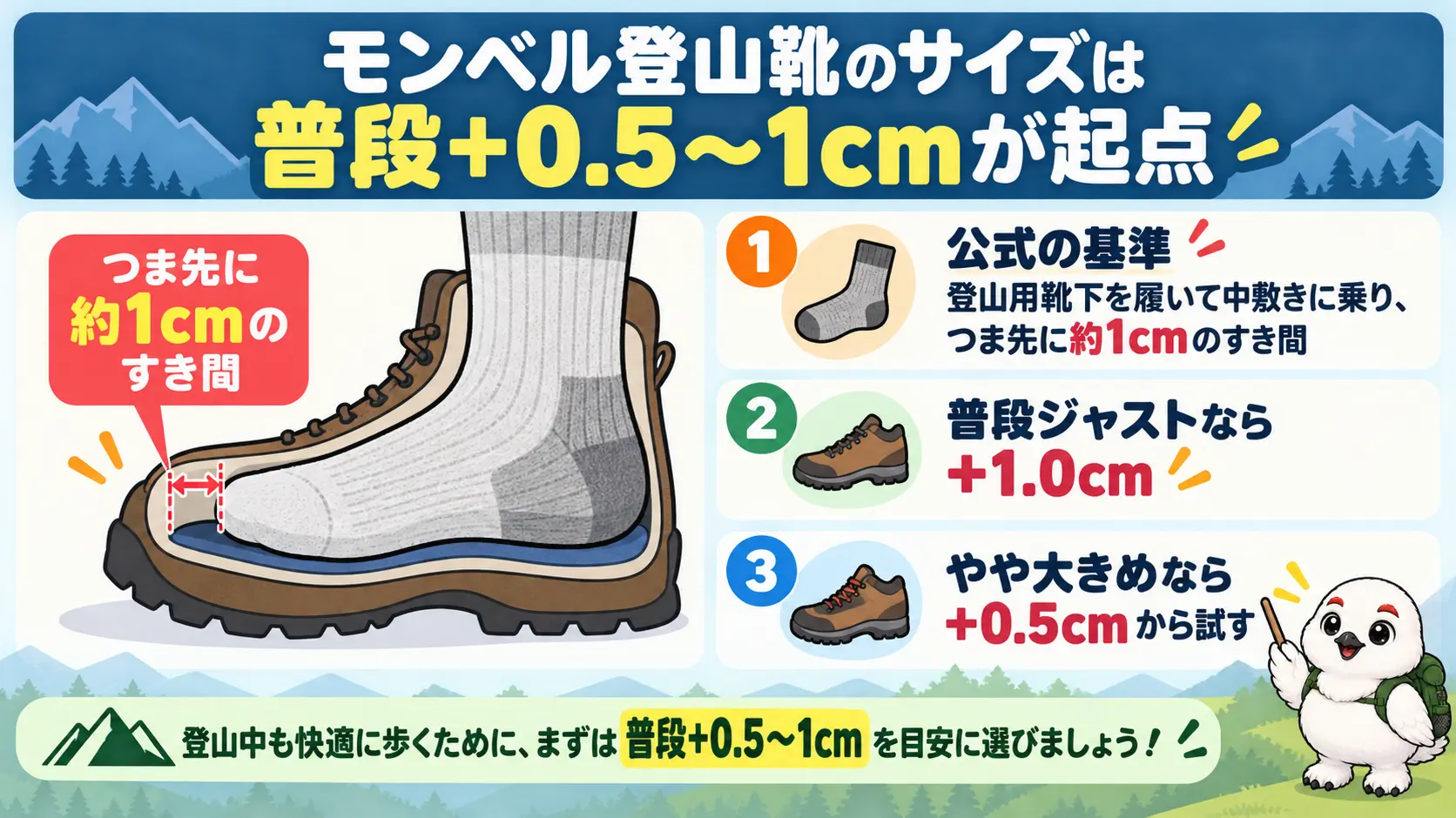 登山用靴下で中敷きに乗りつま先に約1cmのすき間を確認する方法と、普段+0.5〜1cmを起点にする目安