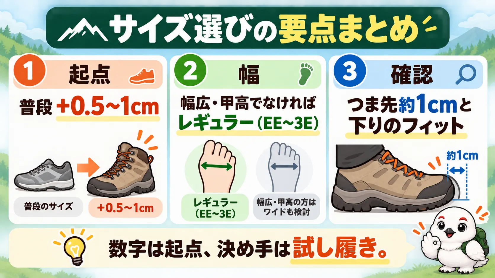 モンベル登山靴のサイズ選びの要点を、起点・ワイド判断・試着の順に俯瞰した図