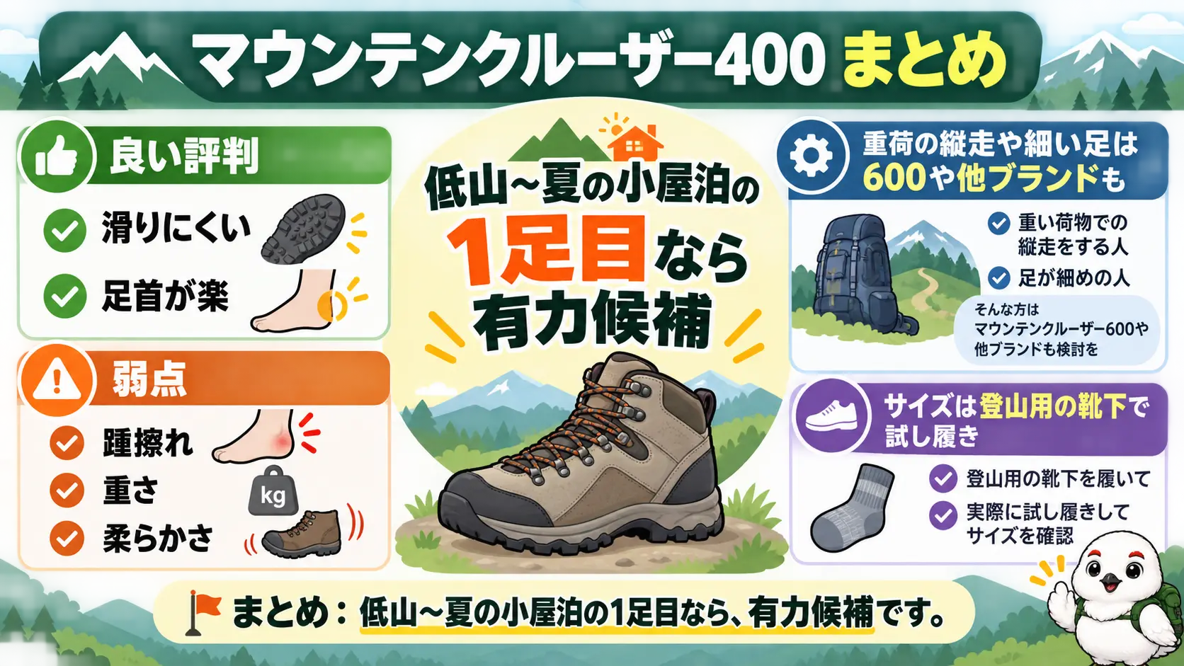 良い評判、悪い評判、向く山、サイズ選びの試し履きという4つの要点を俯瞰した、マウンテンクルーザー400の総まとめ