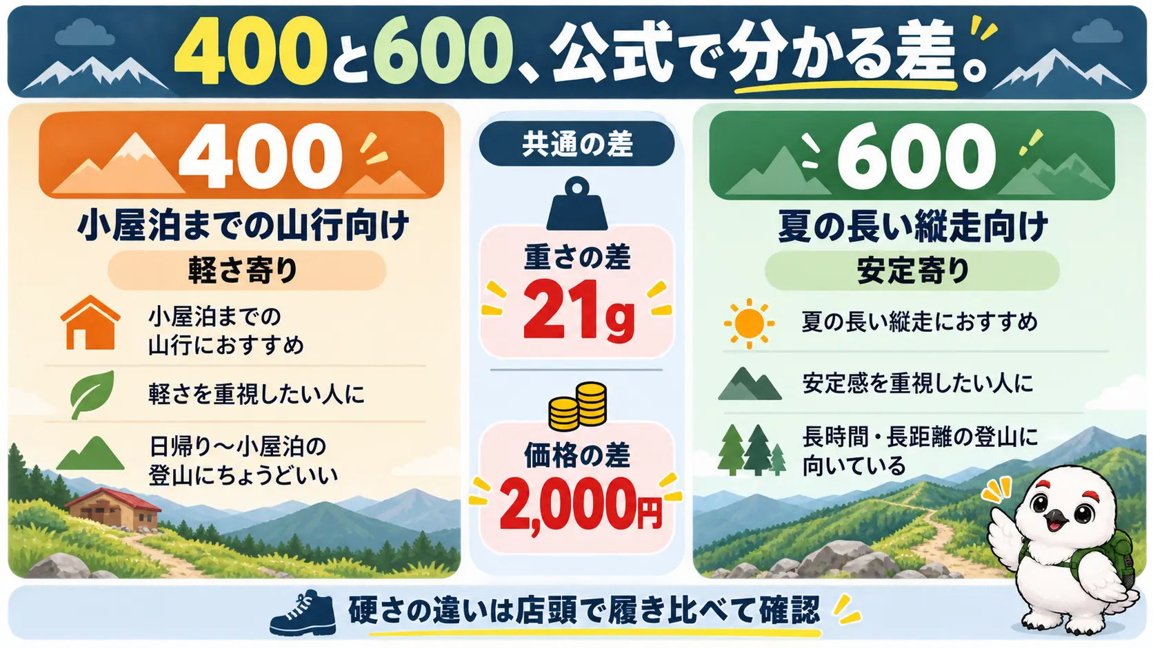 マウンテンクルーザー400と600を左右に並べ、重さの差21gと価格の差2,000円を比べた図