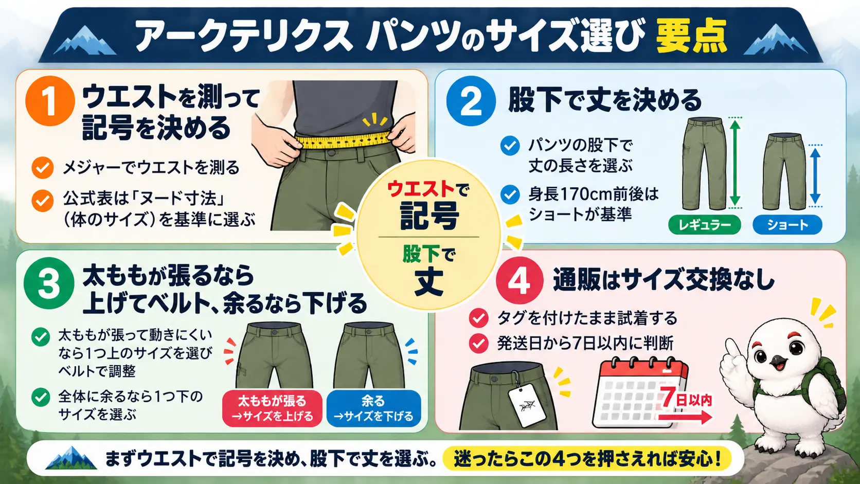 ウエストで記号、股下で丈を決め、通販ではタグを付けたまま試着して7日以内に判断するという要点をまとめた図