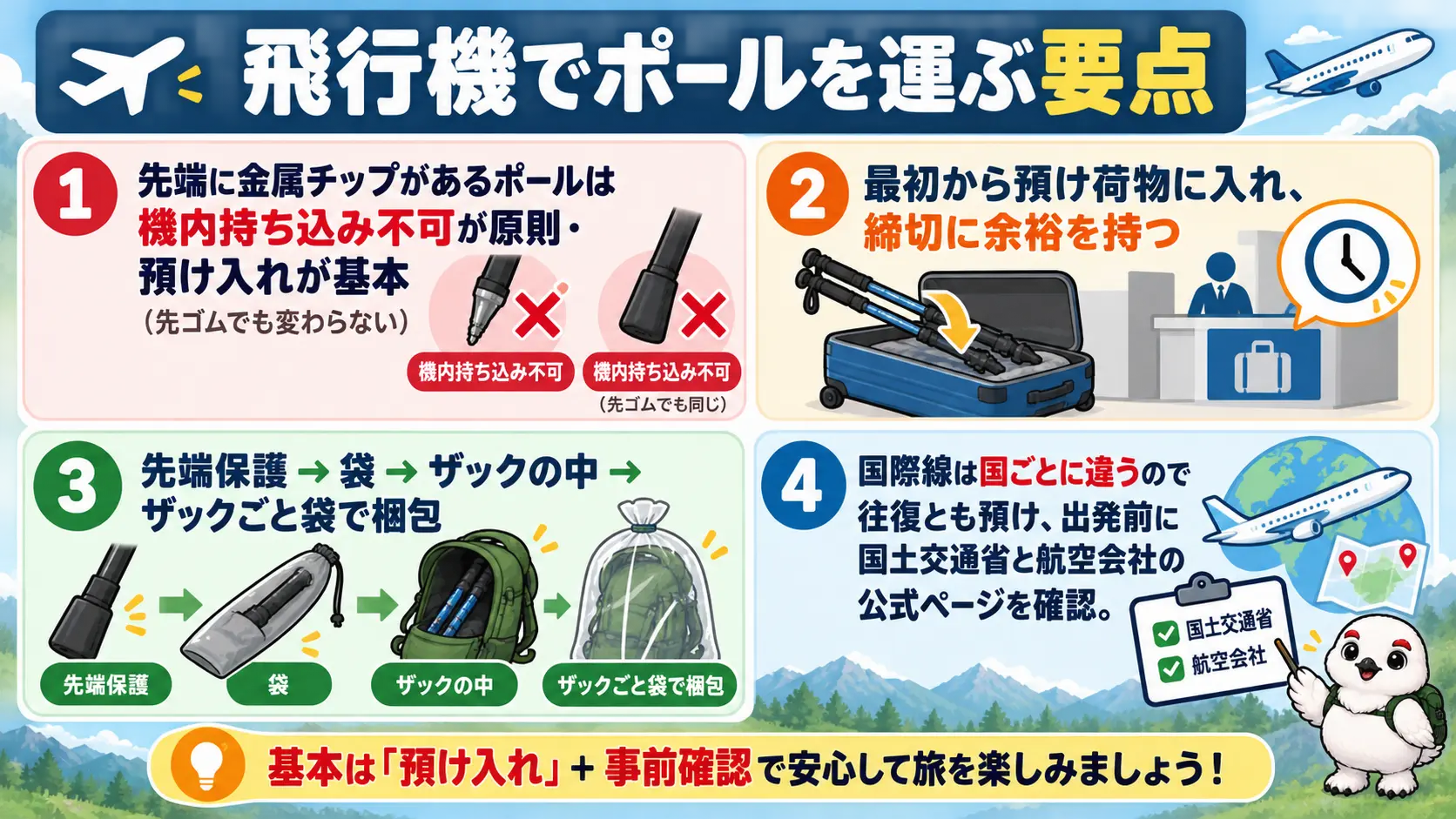 トレッキングポールは機内持ち込み不可が原則で、最初から預け荷物に入れ、梱包し、行き先の規則を出発前に確認するという要点のまとめ