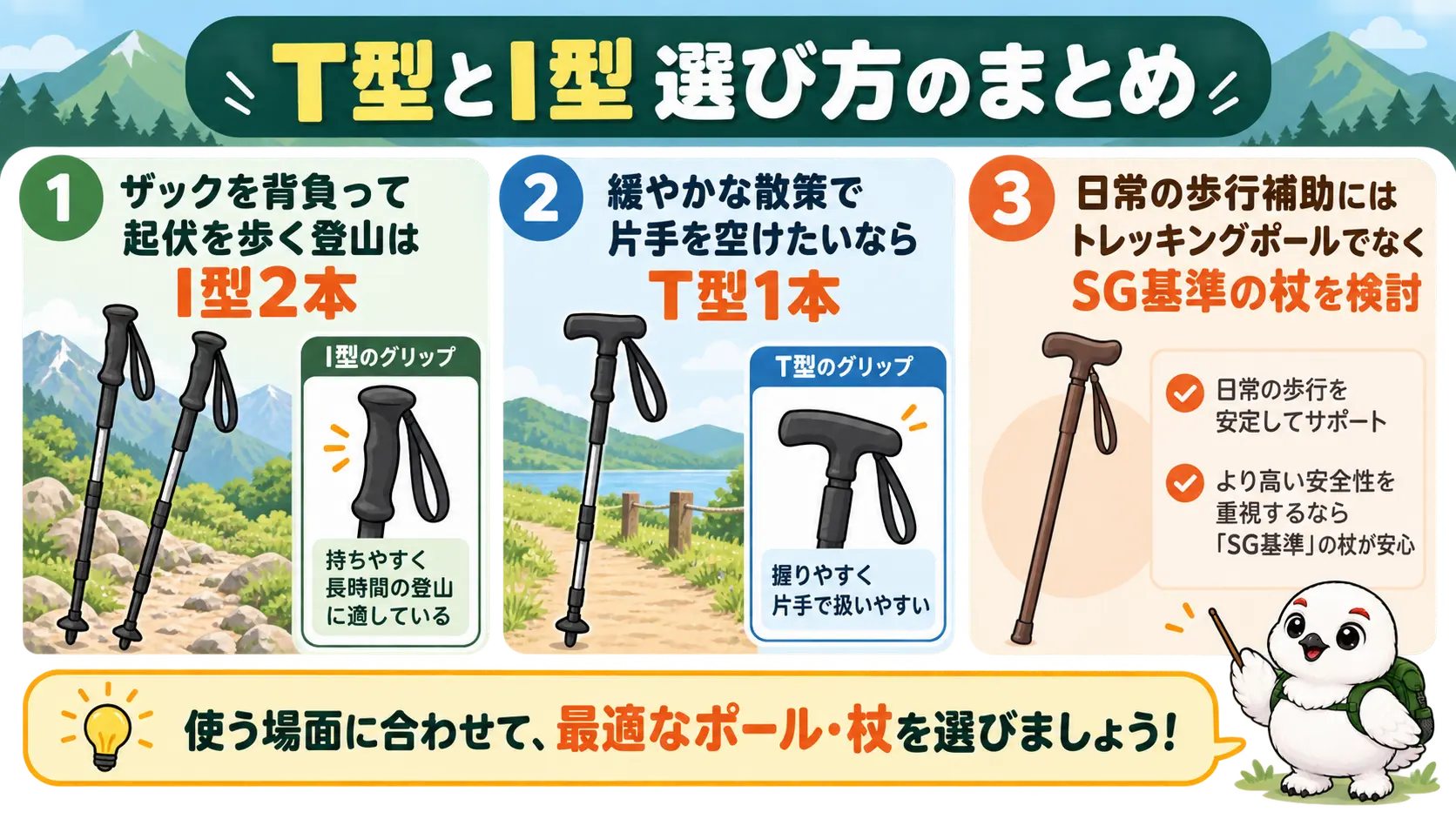 T型とI型の選び方の要点を一枚にまとめた締めの図