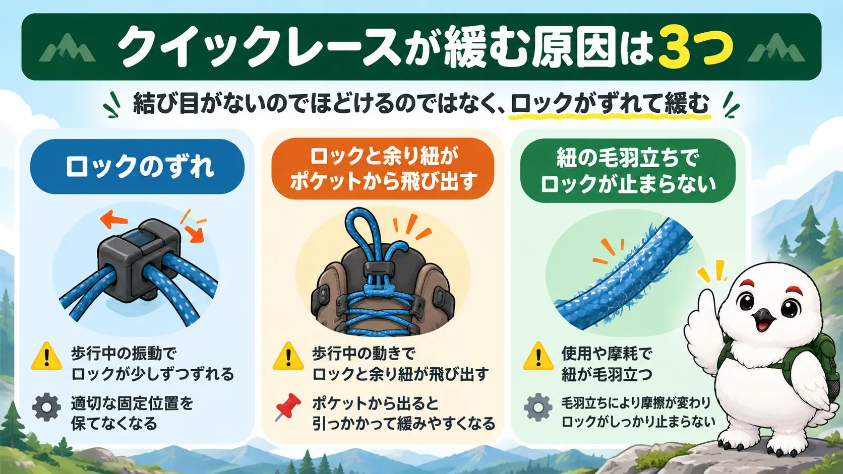 クイックレースが緩む原因である、ロックのずれ、ポケットからの飛び出し、紐の毛羽立ちを並べた整理図