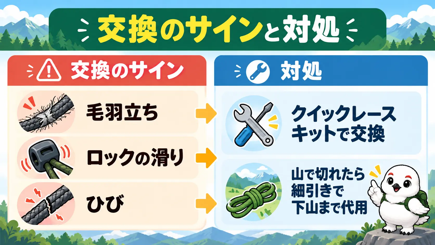 毛羽立ち、ロックの滑り、ひびが交換のサインで、交換キットや応急の細引きで対処することを示す図