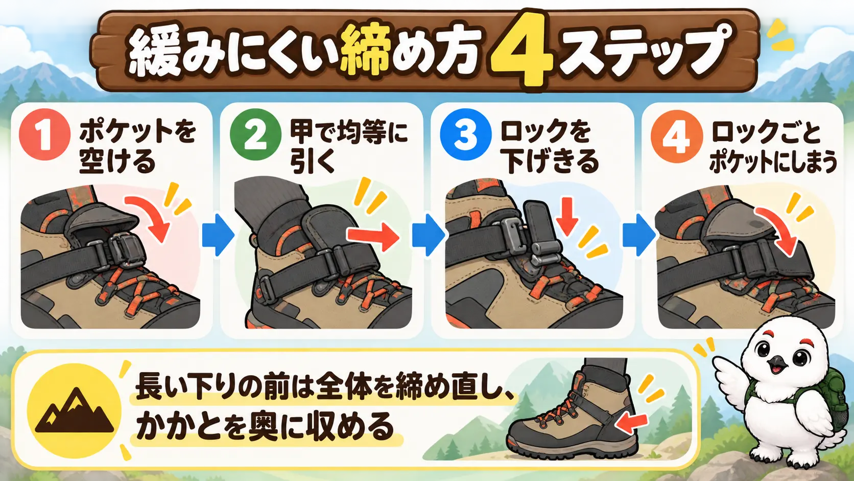 ポケットを空けて均等に引き、ロックを下げきり、ロックごとポケットにしまう締め方の手順図